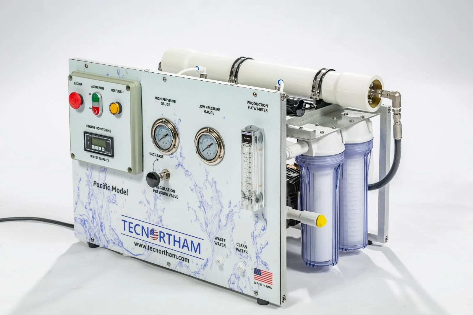 Marine watermaker with pressure gauges and flow meter