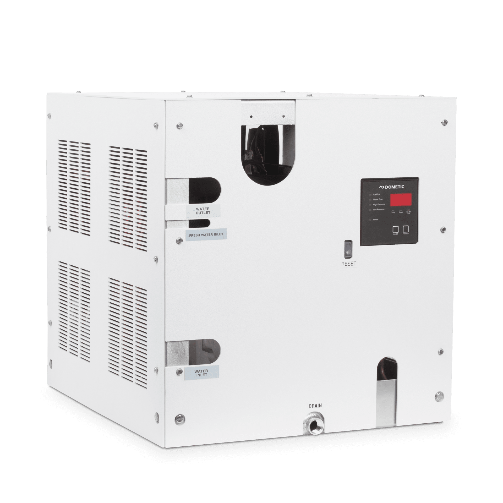 Dometic marine ice maker with control panel and water inlets