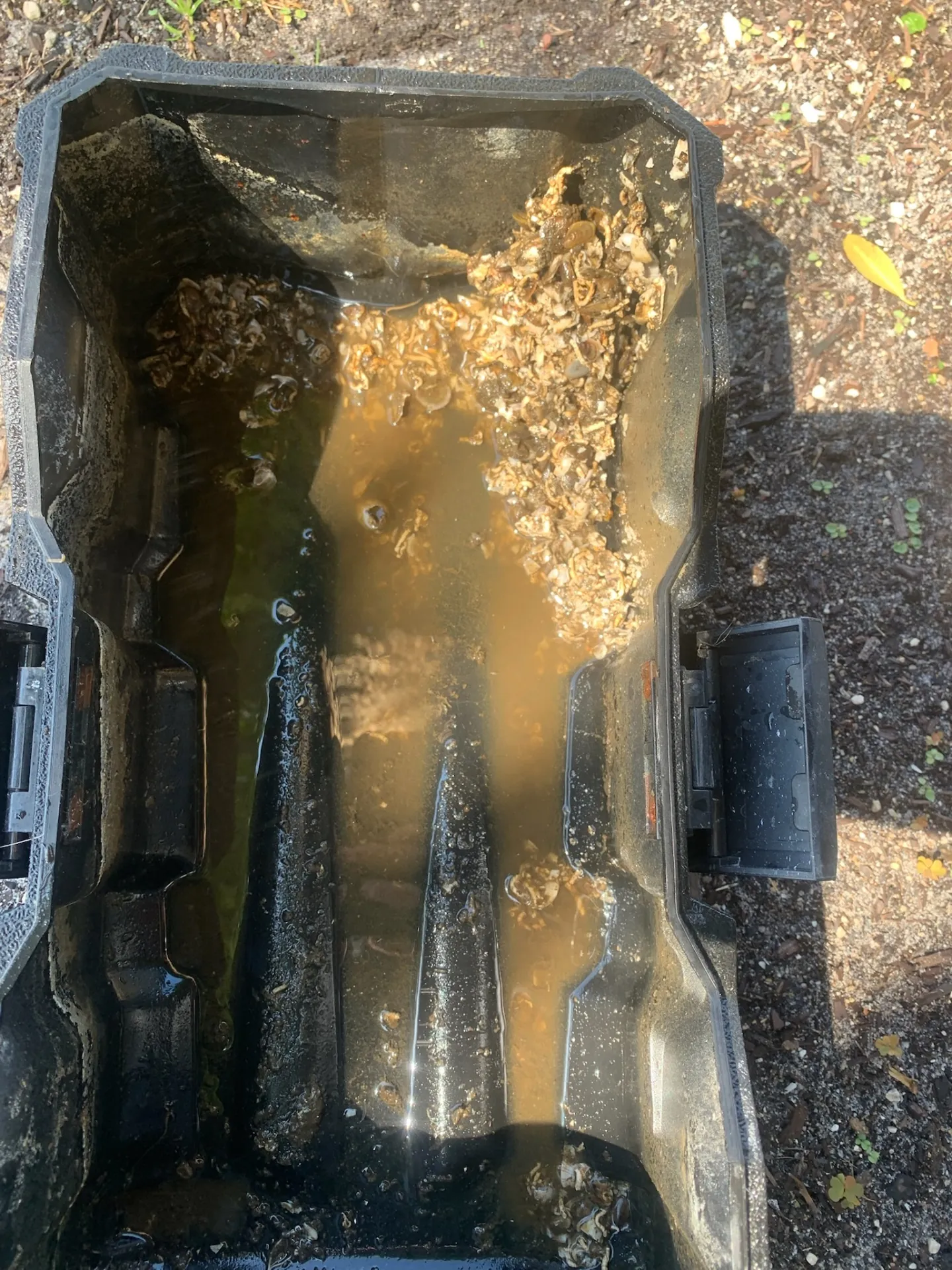 Sea strainer basket packed with shells and marine debris