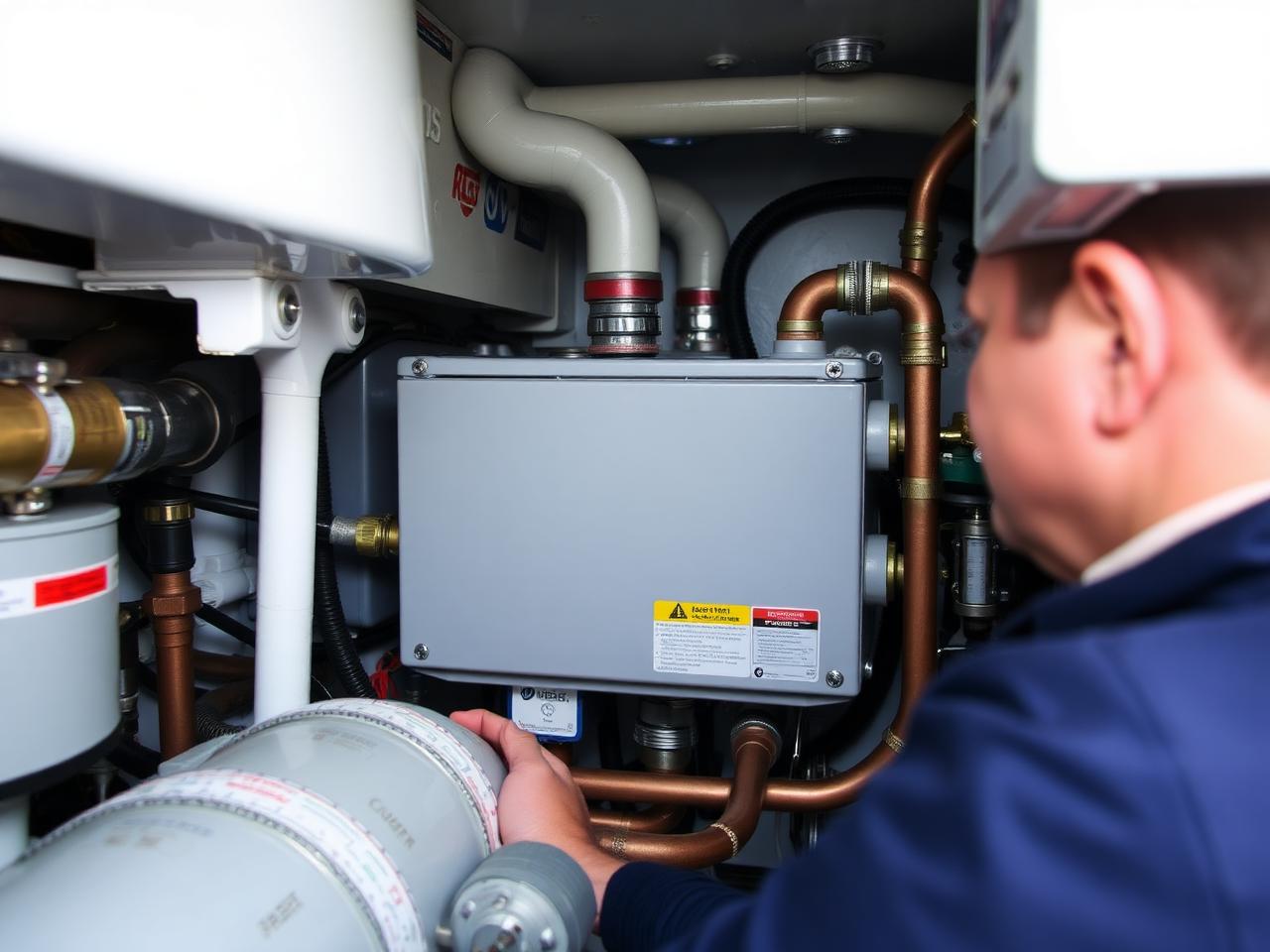 Marine refrigerator compressor and copper refrigerant lines being inspected