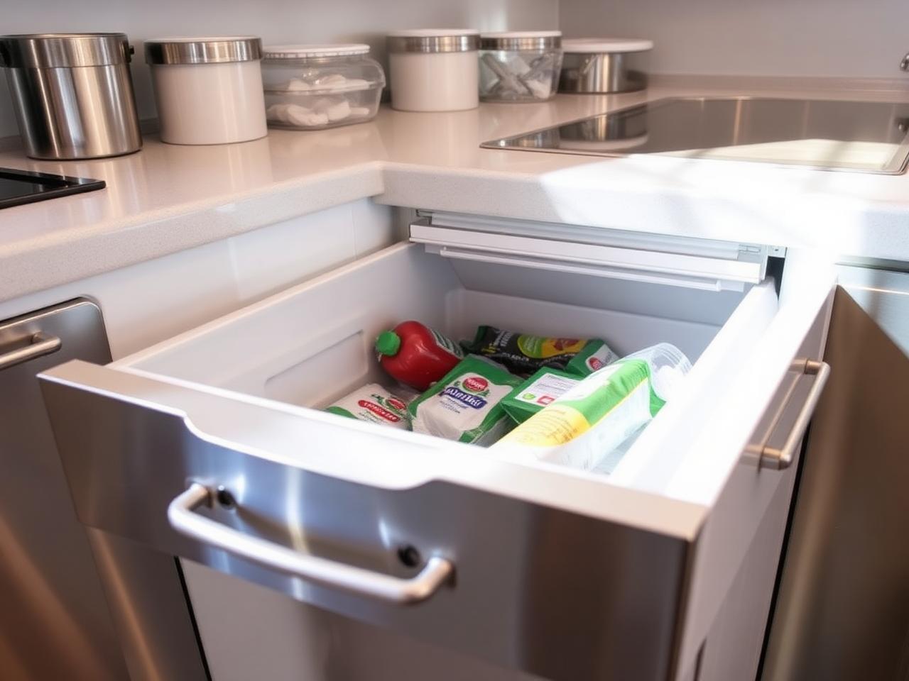 Stainless drawer freezer open showing frozen provisions on a yacht